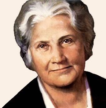 Porträt von Maria Montessori als ältere Frau mit grauem Haar