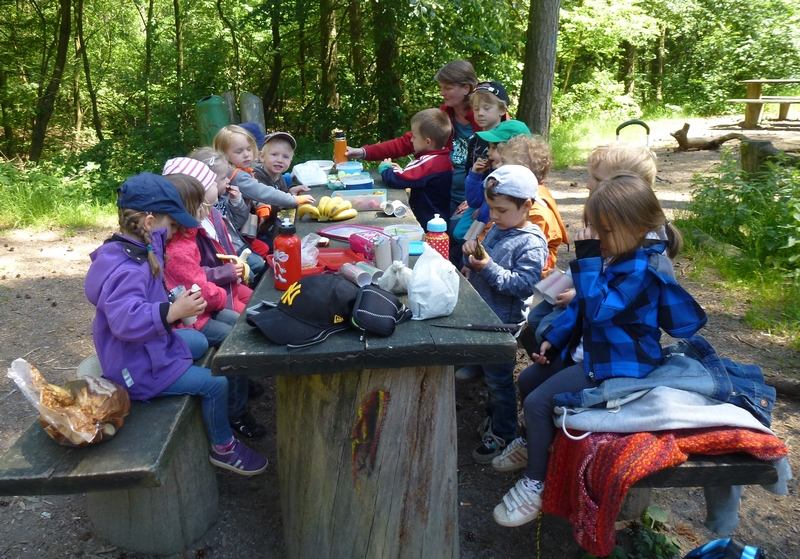 Kinder machen im Wald an einem Holztisch mit Bänken gemeinsam Picknick